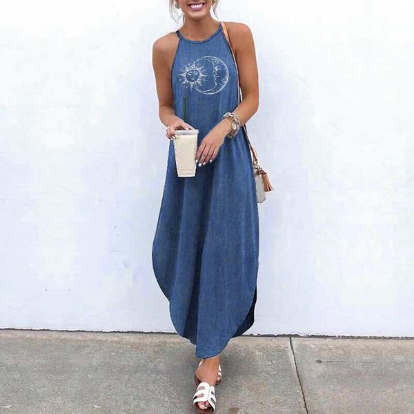 

casual dresses summer denim dress women blue maxi plus size loose sleeveless halterneck vest long vestidos, Black;gray