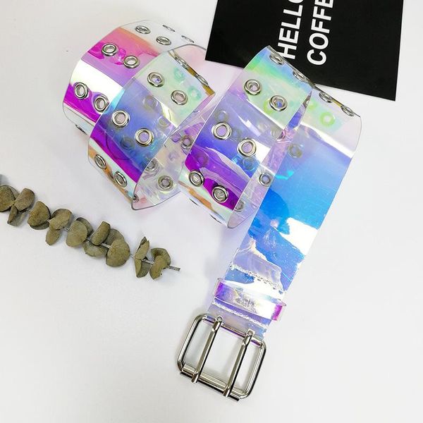 

belts laser women belt holographic clear waist metal pin buckle transparent for waistband pvc material, Black;brown