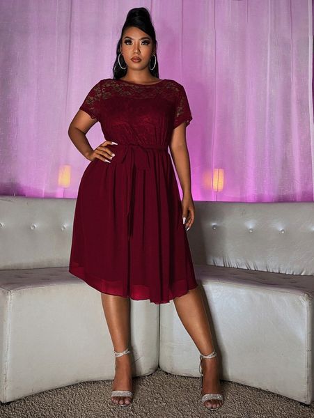 

plus contrast lace belted dress t2h3#, Black