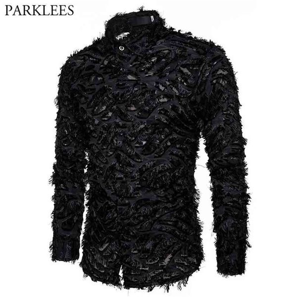 

black feather lace shirt men fashion see through clubwear dress shirts mens event party prom transparent chemise s-3xl 210809, White;black