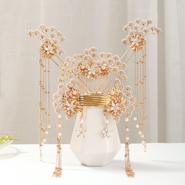

jewelry sets luxury fashion bride chinese style pearl tassel hairpin haircomb earrings set xiuhe clothing headdress hanfu accessories, Black