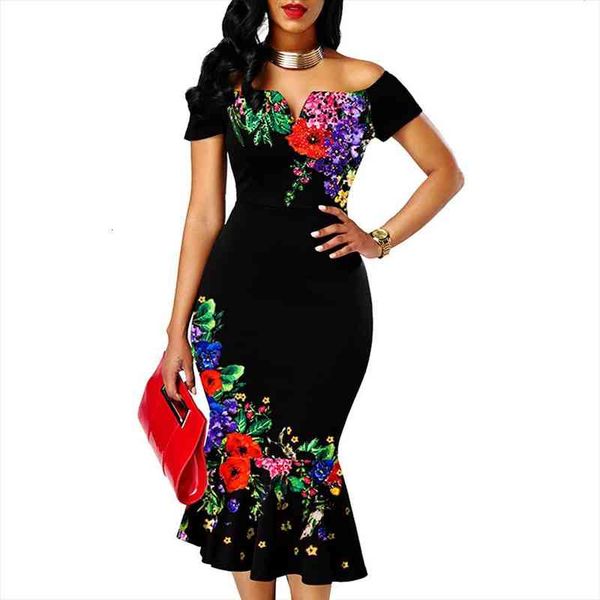 

elegant off shoulder womens dresses floral print evening party summer plus szie slim ruffle office bodycon mermaid 3xl, Black;gray