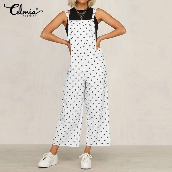 

women's jumpsuits & rompers celmia plus size women sleeveless straps casual polka dot print elegant wide leg pants overalls long playsu, Black;white