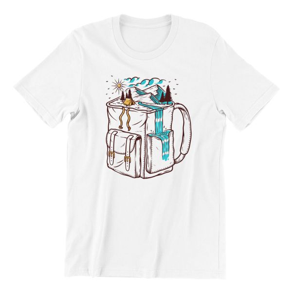

Bagpacker Mountain Wild Nature Hiking Climbing Hobby Mens Printed T-shirt, White;black