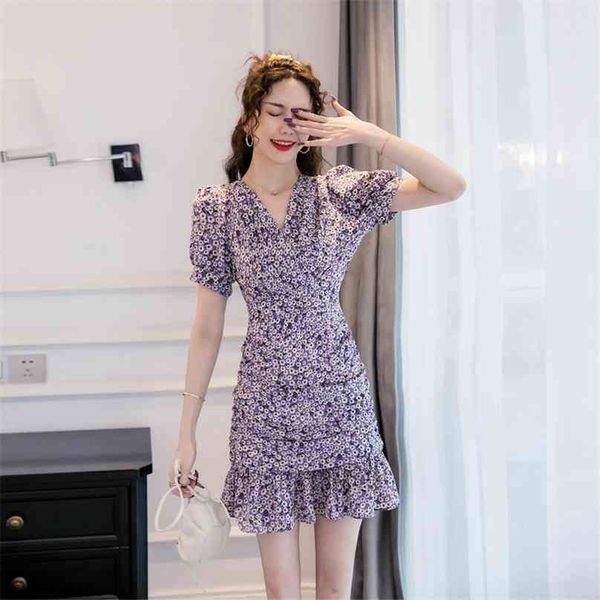 Estilo de verão Coreano Impressão V Collar Bubble Sleeve Bonito Vestido Fino Moda Sexy Temperamento Escritório Partido Para Mulheres Vestidos 210602