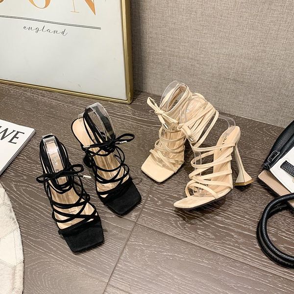

sandals women summer ankle strap high heels 2021 fashion gladiator square toe pumps females lace-up stiletto heel shoes, Black
