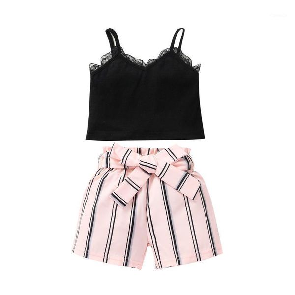 

clothing sets baby girls clothes set, solid color sleeveless v-neck cropped with lace+ striped short pants, White