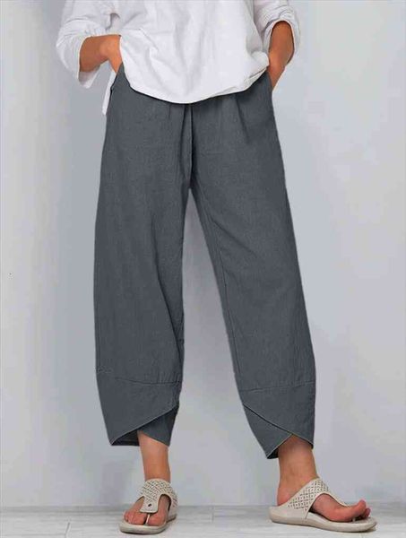 

vintage cotton linen harem women capri trousers casual elastic waist wide leg loose pantalon summer plus size trouser, Black;white