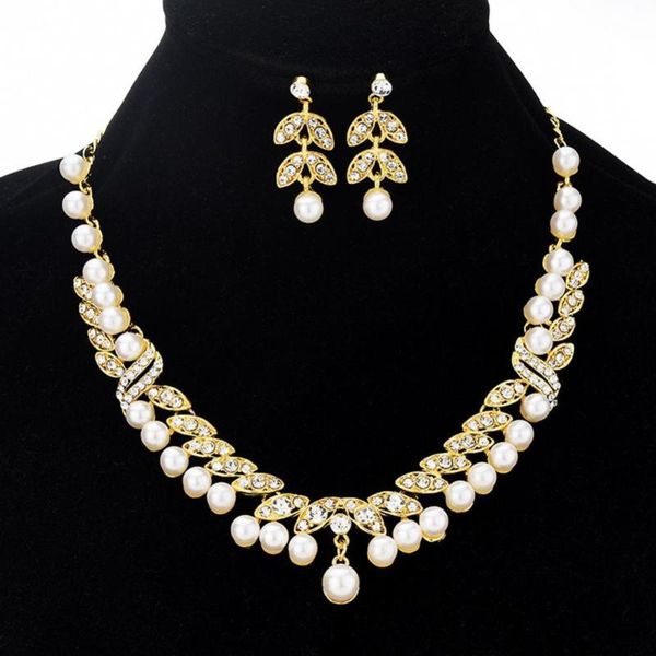 

earrings & necklace faux pearl rhinestone leaf dangle bridal wedding jewelry set, Silver