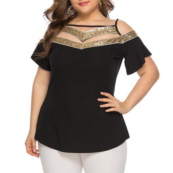 

spring summer large size women's clothing sequined neck bling shining casual blouse short flare sleeve female shirts xl-5xl blouses &, White