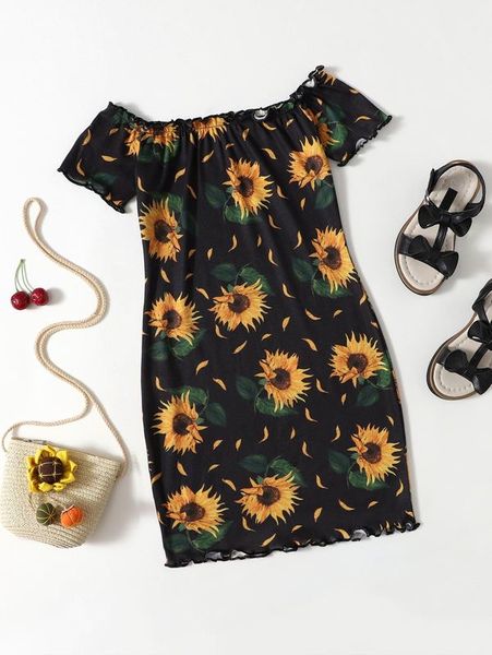 

girls sunflower print lettuce trim dress she, Red;yellow
