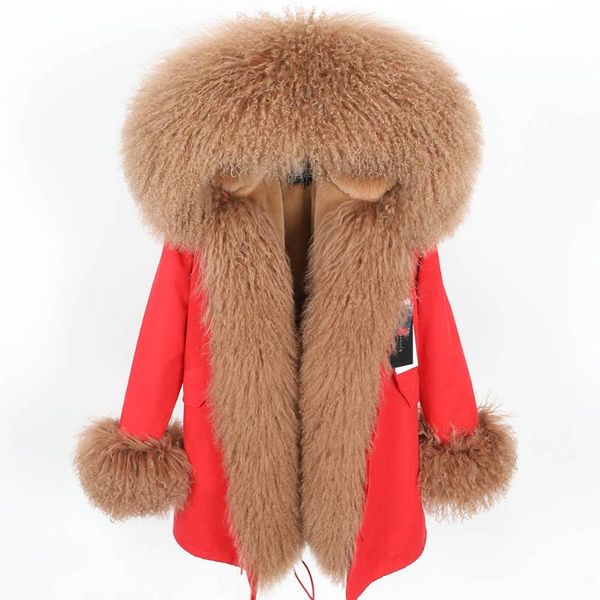

women's fur & faux libieliywinter jacket women real coat long parka natural mongolia sheep collar, Black