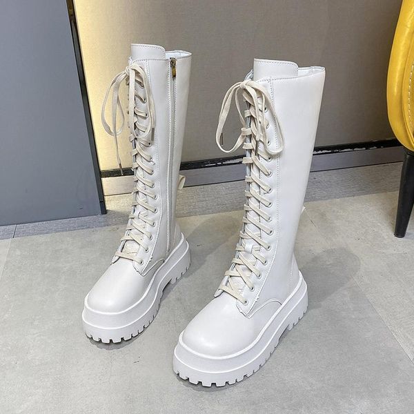 

boots chunky heel platform lace up motorcycle boot fashion riding women shoes knee- high lady winter autumn shoe2021, Black