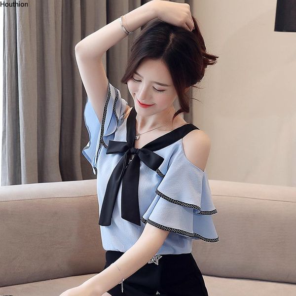 

women's blouses & shirts chiffon fashion shirt short sleeve v-neck strapless loose solid blouse summer houthion, White