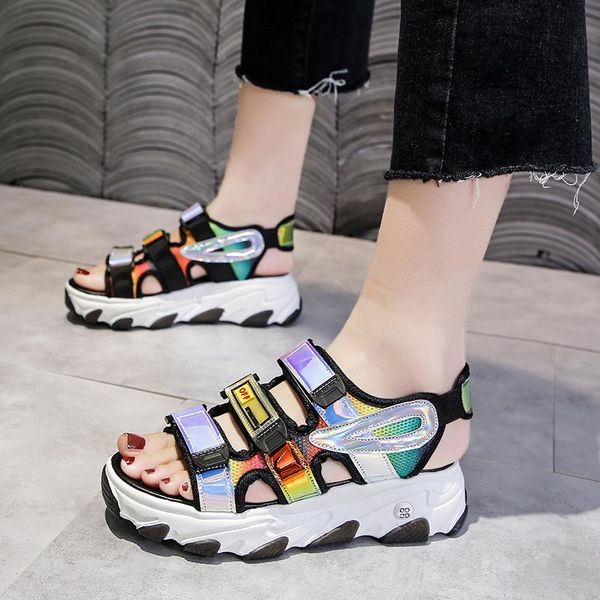 

brand women's sandals fashion ladies buckle strap platform shoes open toe casual bling thick sole summer beach, Black