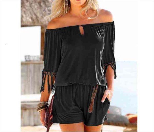 

summer playsuits off shoulder womens jumpsuit tassel beach boho short overalls girls pockets rompers plus size, Black;white