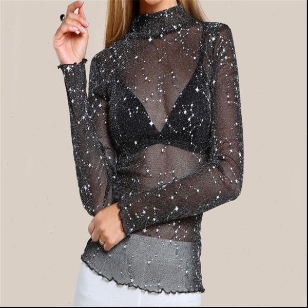 

fashion long sleeve mesh womens shirts transparent o neck shiny stars printed blouse plus size blusa, White