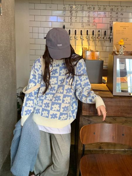 

women's sweaters 2colors 2021 autumn winter women pullovers and jumper korean style outwear floral loose knitted sweater female(hy5424), White;black