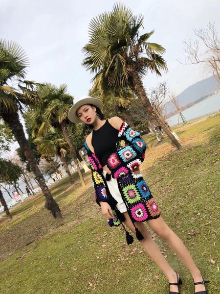 

women's sweaters bohemian women hollow out cardigan sweater retro colored plaid hooded knitted jumper tassel lace up casual harajuku, White;black