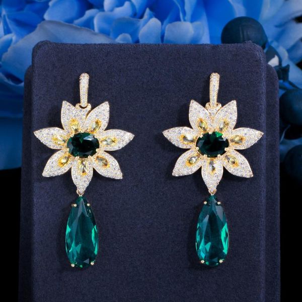 

dangle & chandelier cwwzircon luxury big green water drop leaf flower cubic zirconia stone women party long earrings for wedding prom jewelr, Silver