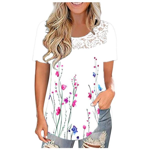 

women's blouses & shirts lace splicing blouse women o-neck short sleeve floral print casual loose oversized elegantes blusas mujer, White