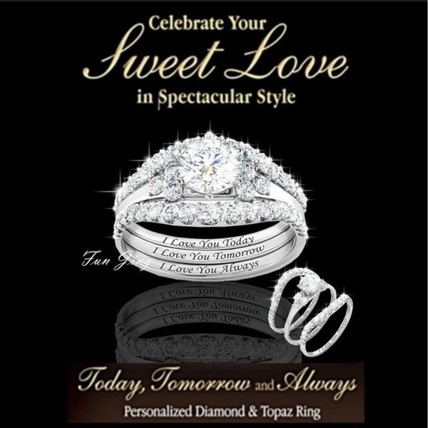 

wedding rings 2021 trendy white zircon set 3 in 1 luxury engagement ring party anniversary for women accessories jewelry whole sale, Slivery;golden