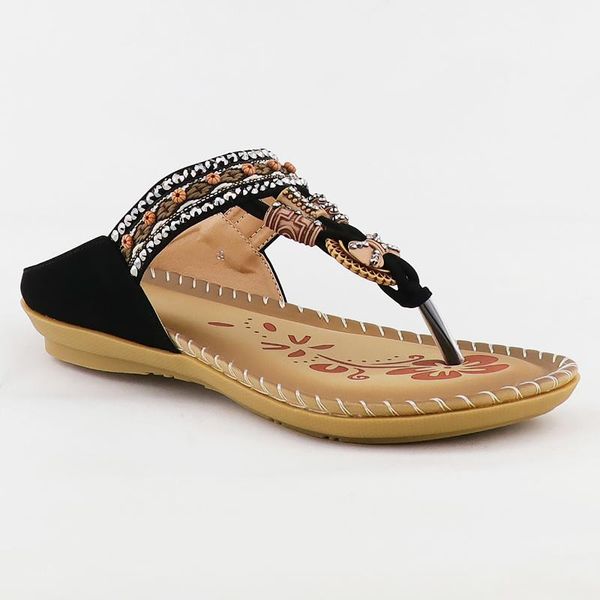 

sandals women flip flops retro for embroidery bohemian style wedges ladies non-slip rubber, Black