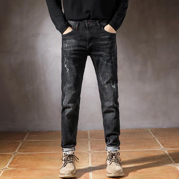 

men's jeans black men slim straight elasticity spring and autumn distressed streetwear ripped pants man casual denim trousers, Blue
