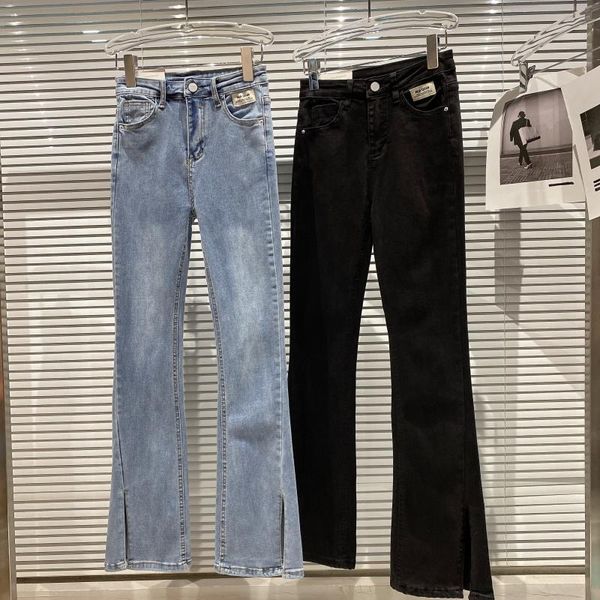 

spring arrivals solid color nature waist pocket cloth pants leg split slim fit jeans flared mz397 210525, Blue