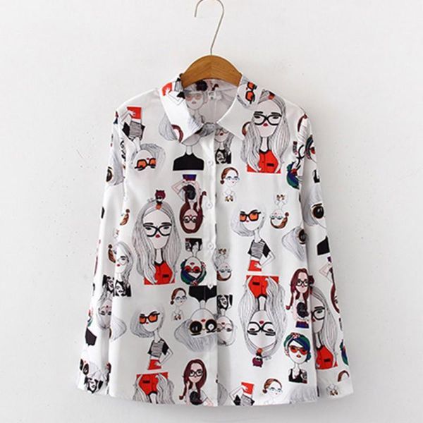 

women loose blouse vintage cartoon print lapel shirt sun protection long sleeve women's blouses & shirts, White