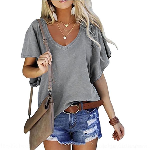 

0pa 2021 spring and summerwomen's solid color lotus sleeve women's t-shirt loose v-neck short sleeve t-shirt, White
