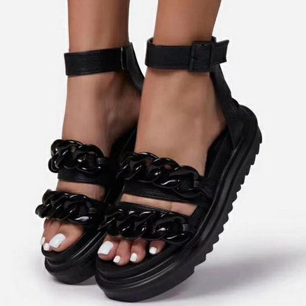 

sandals women summer 2021 retro snake flat platform ladies wedge women's shoes casual buckle strap chain female plus size, Black