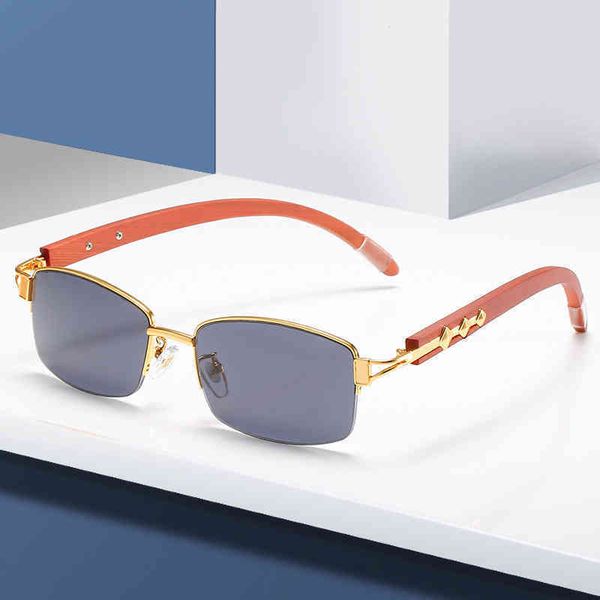 

2022 factory wholesale model summer half frame fishing line men's and women's wooden leg square fashion flat mirror sunglasses, White;black