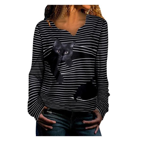 

women's t-shirt striped t shirt women funny cat print woman tee long sleeve t-shirts camiseta, White