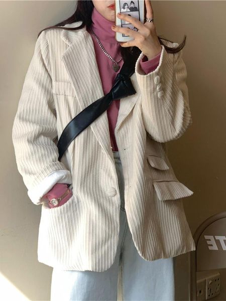 

women's suits & blazers spring autumn women casual corduroy suit jacket padded shoulder korean style loose elegant ins high street soli, White;black