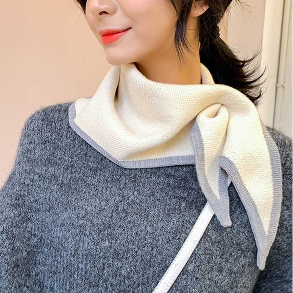 

women triangular scarves winter woolen knit elastic bow cross warm scarf female solid color soft false collar neck guard bib, Blue;gray