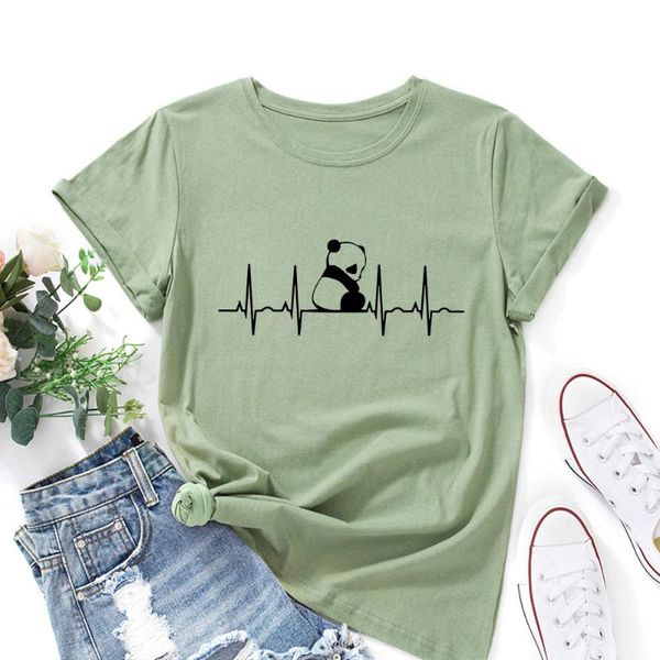 

women's t-shirt funny panda heartbeat t shirt for women cute graphic female tee summer 100%cotton short sleeve o-neck basic tshirt, White