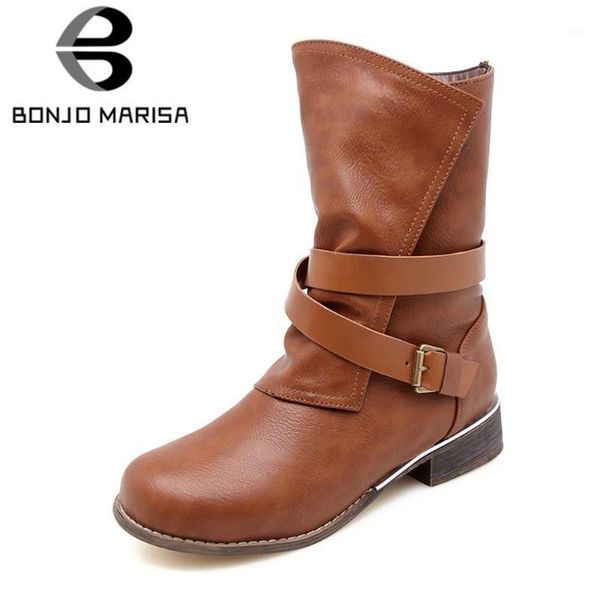 

boots bonjomarisa classic girl round toe buckel low heel brand mid calf solid sewing women casual daily shoes woman1, Black