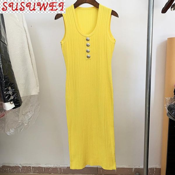

casual dresses black white yellow knitted dress 2021 spring autumn o-neck midi temperament silver button sleeveless pencil winter, Black;gray