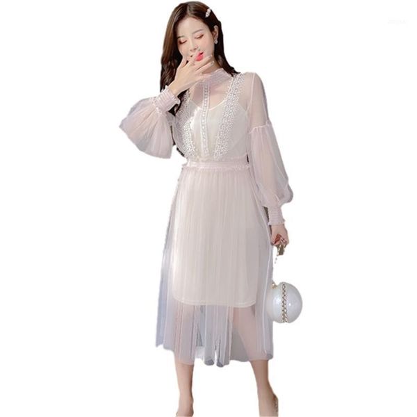

two piece dress lace oln autumn winter korean vestidos arrival wholesale 2021 sling + lantern sleeve two-piece sheer mesh, White