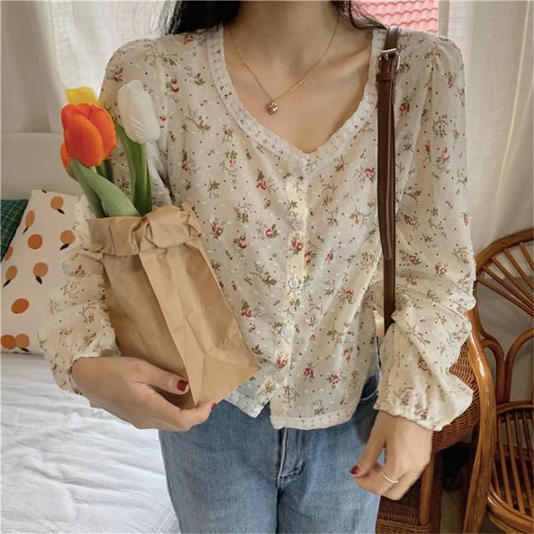 

hzirip 2021 women shirt female flower blouse print all-match puff sleeve gentle elegant fashion sunscreen women's blouses, White