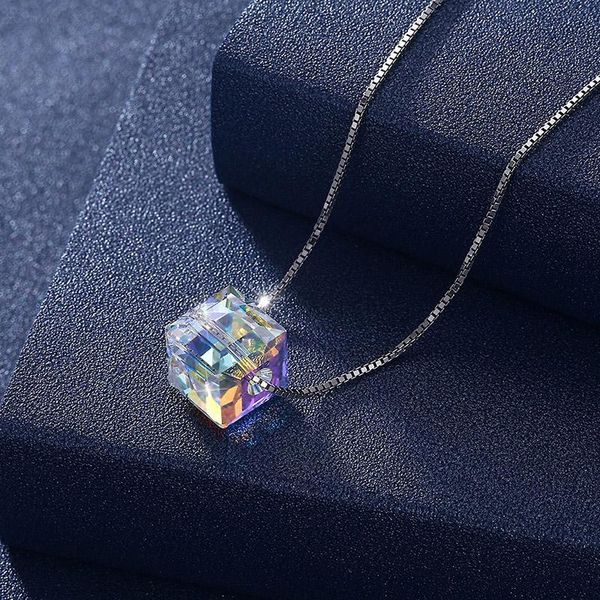 

pendant necklaces silver color box chain ladies aurora cube sugar necklace fashion handmade colorful crystal accessories