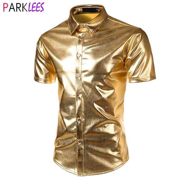 

shiny gold metallic glitter shirt men brand short sleeve party halloween costume chemise stage performance club shirt 210522, White;black