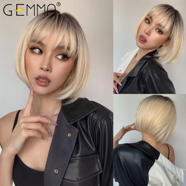 

synthetic wigs gemma short bob straight with bangs ombre brown blonde wig for women afro cosplay party daily heat resistant, Black