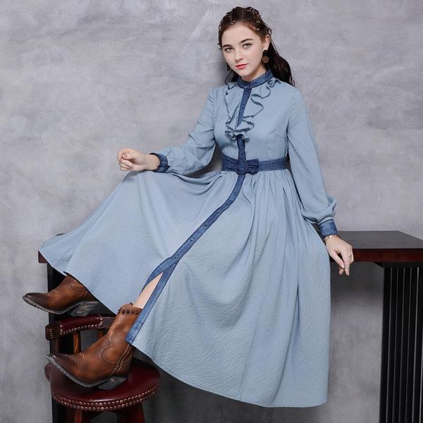 

casual dresses 2021 spring and summer waist striped long dress single-breasted retro ruffled slim, Black;gray