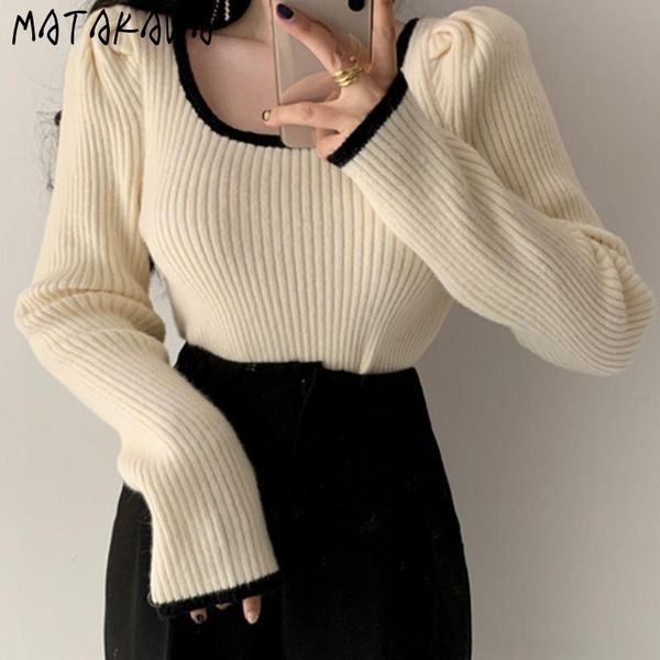 

women's knits & tees matakawa sweaters autumn french elegant contrast color surround square collar knitted pullover puff sleeve slim su, White