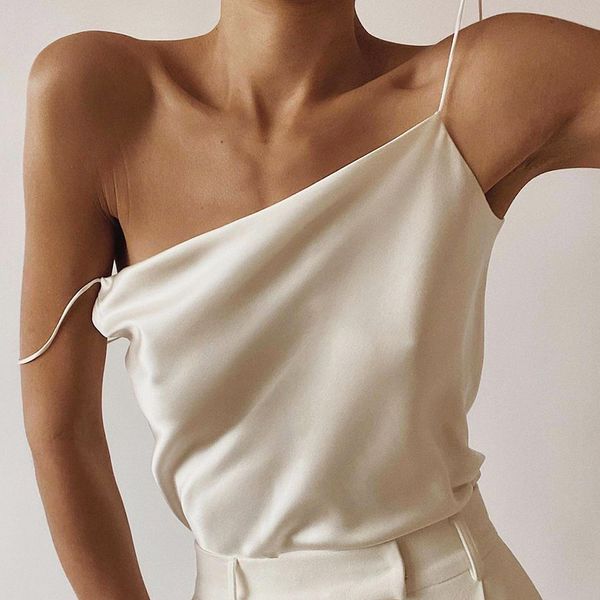 

solid satin sling women spring summer back simulation silk loose bottom fashion vest camis 210421, White
