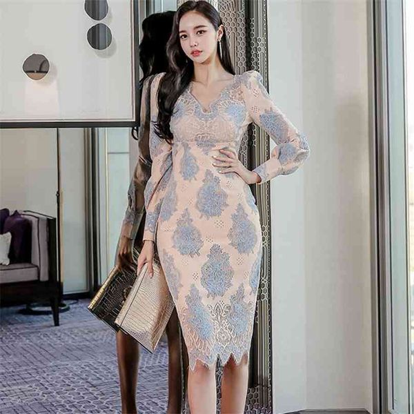 

lace tight korean ladies long sleeve v neck elegant print midi dress for women china clothing 210602, Black;gray