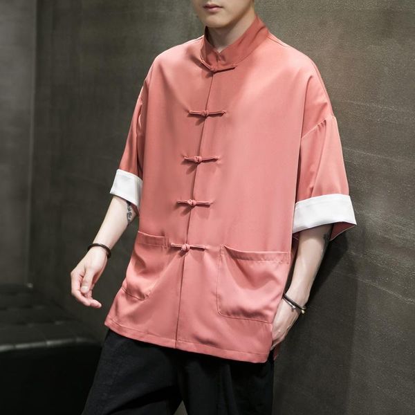 

ethnic clothing 2021 tradictional chinese for men half sleeve ice silk style shirts tai chi tang suit kk3747, Red