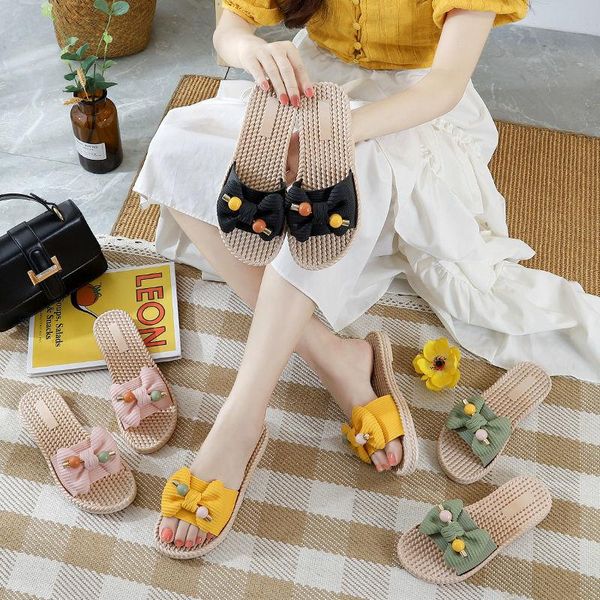 

fashion slippers women's summer autumn bowknot non-slip casual for home indoor sandals house femmes four seasons shoes, Black